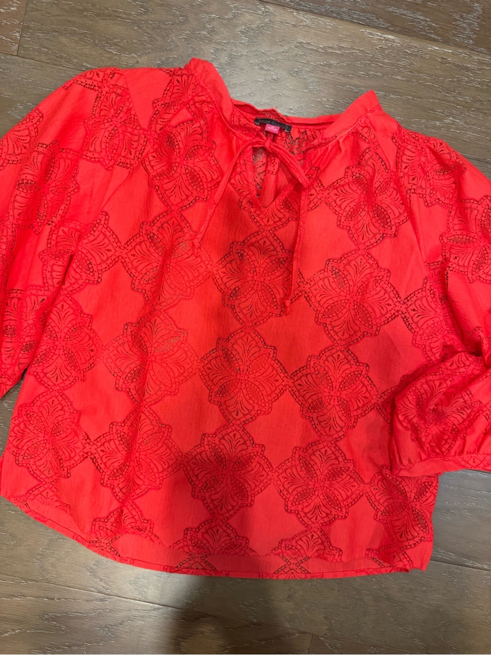 Vince Camuto Red Embroidered Tie-Neck Peasant Blouse
